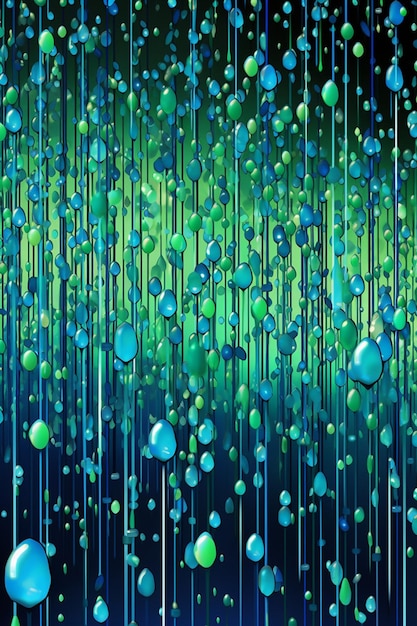 3Dの抽象的なポスターで青と緑の色彩が異なる幾何学的な雨滴が描かれています