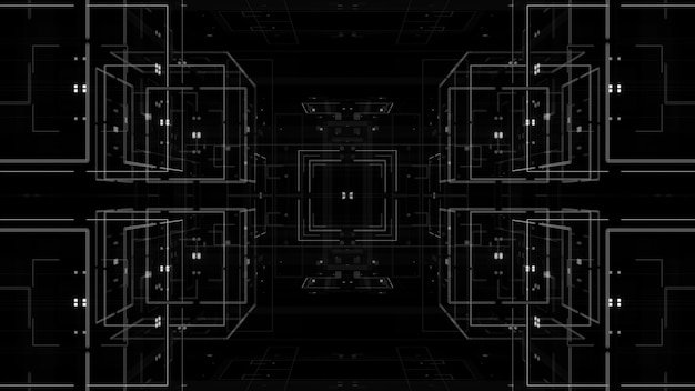 3d 추상 렌더링된 배경입니다. 기술 테마입니다. 복잡한 세부 사항. 선, 사각형 및 광선.