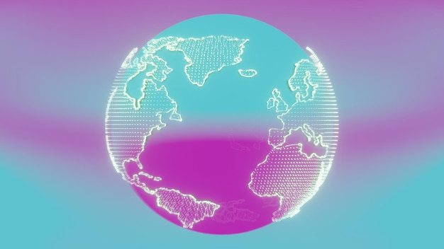 지구의 독특하고 미래적인 관점을 제공하는 홀로그램 스타일의 지구의 3D 추상화: 홀로그램 지구는 대륙과 바다가 반이는 우아하게 회전합니다.