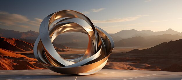 3D abstract rotated art object in the desert with mountains behind it ai generated