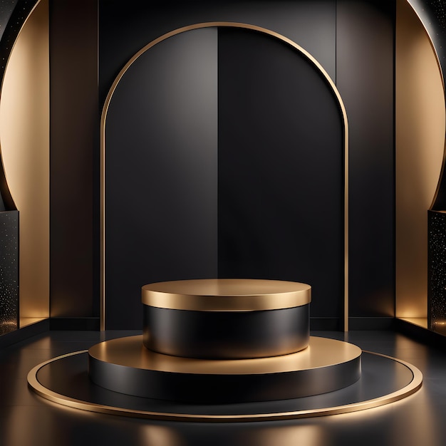 3D abstract studio room with pedestal podium with black and golden layers AI generative