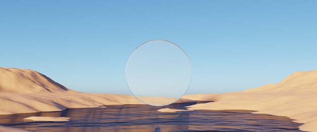 3 d の抽象的なシュールな砂丘崖砂金属アーチと青空砂漠の自然の風景