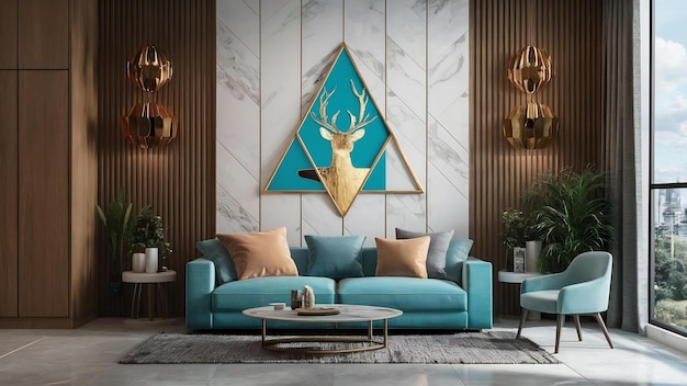 3d abstract wall frame decor turquoise and golden triangle shapes deers and tree in white marble