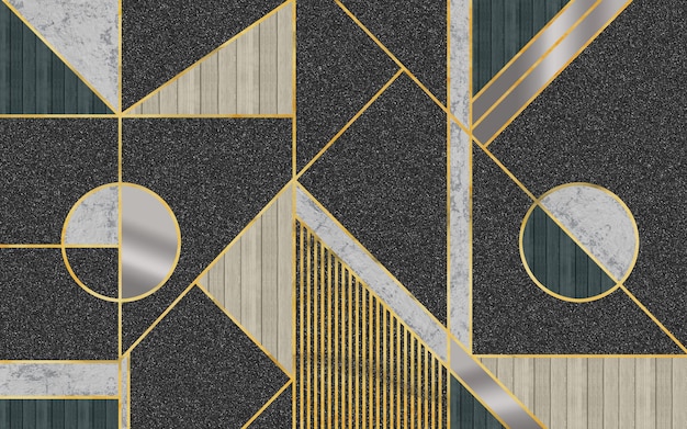 3d abstract wallpaper golden lines and marble and wooden shapes in noise black background