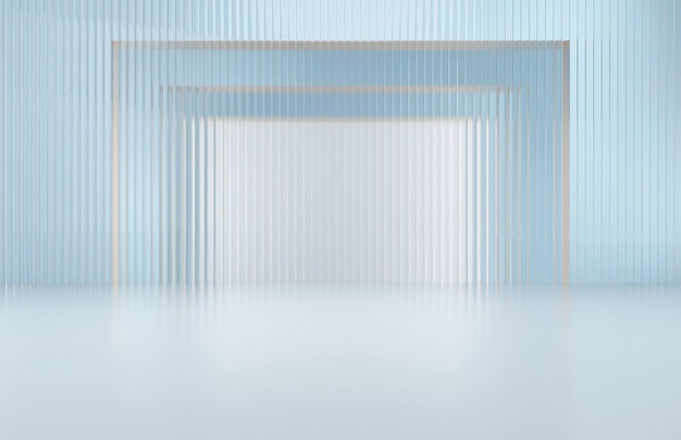 3d Abstract white background room with a blue wall and white striped curtains