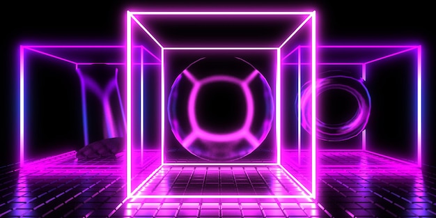 3d abstracte achtergrond met neonlichten neon kubussen ruimtebouw 3d illustratie