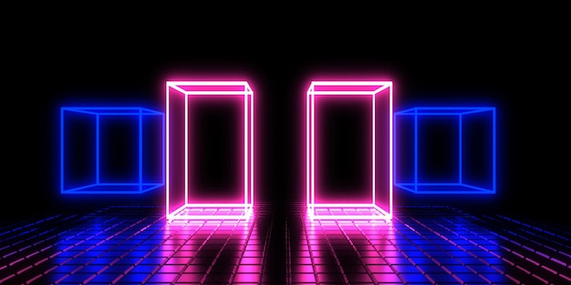 3D abstracte achtergrond met neonlichten neon kubussen ruimtebouw 3d illustratie