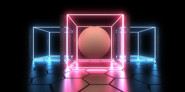 3D abstracte achtergrond met neonlichten neon kubussen ruimtebouw 3d illustratie