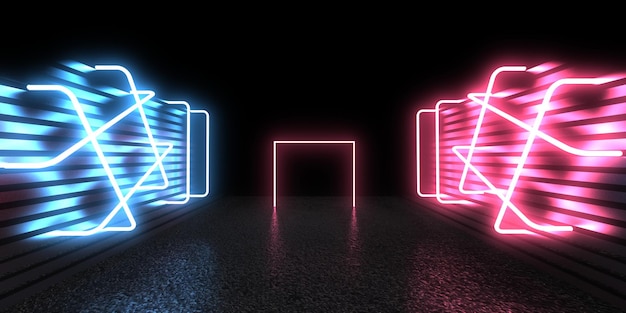 3D abstracte achtergrond met neonlichten neon kubussen ruimtebouw 3d illustratie