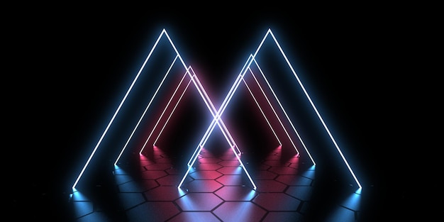 3D abstracte achtergrond met neonlichten neon tunnel ruimte constructie 3d illustratie