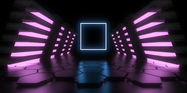 3D abstracte achtergrond met neonlichten neon tunnel ruimte constructie 3d illustratie