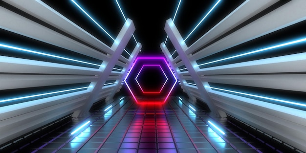 3D abstracte achtergrond met neonlichten neon tunnel ruimte constructie 3d illustratie