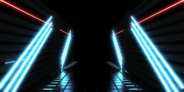 3D abstracte achtergrond met neonlichten neon tunnel ruimte constructie 3d illustratie