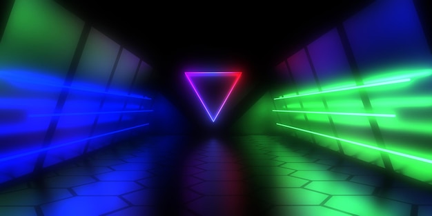 3D abstracte achtergrond met neonlichten neon tunnel ruimte constructie 3d illustratie