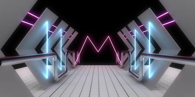 3d abstracte achtergrond met neonlichten neon tunnel ruimte constructie 3d illustratie