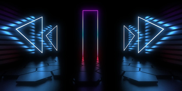 3d abstracte achtergrond met neonlichten neon tunnel ruimte constructie 3d illustratie