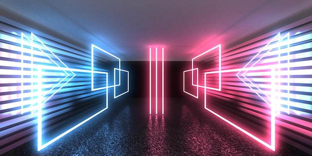 3D abstracte achtergrond met neonlichten neon tunnel ruimte constructie 3d illustratie