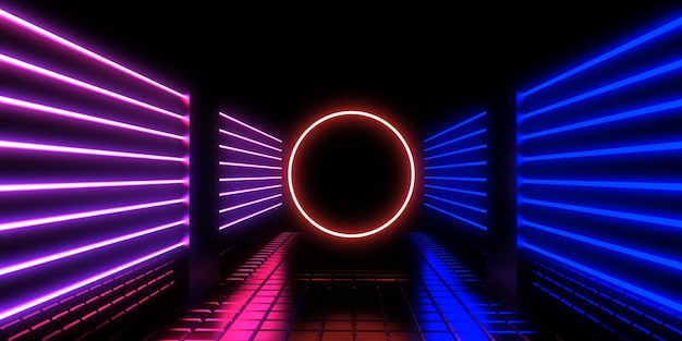 3D abstracte achtergrond met neonlichten neon tunnel ruimte constructie 3d illustratie