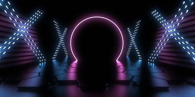 3D abstracte achtergrond met neonlichten neon tunnel ruimte constructie 3d illustratie