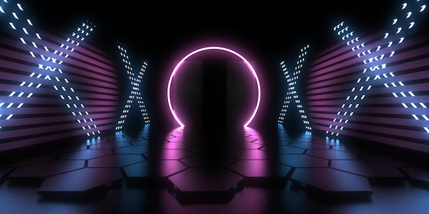 3d abstracte achtergrond met neonlichten neon tunnel ruimte constructie 3d illustratie