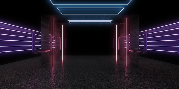 3d abstracte achtergrond met neonlichten neon tunnel ruimte constructie 3d illustratie