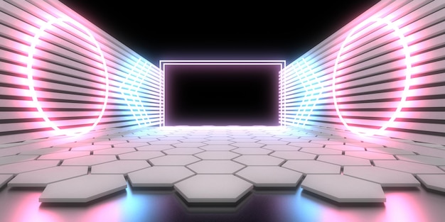 3D abstracte achtergrond met neonlichten neon tunnel ruimte constructie 3d illustratie