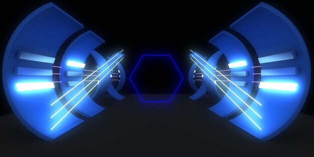 3D abstracte achtergrond met neonlichten neon tunnel ruimte constructie 3d illustratie