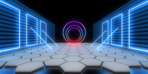 3D abstracte achtergrond met neonlichten neon tunnel ruimte constructie 3d illustratie