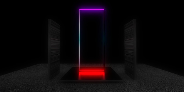 Foto 3d abstracte achtergrond met neonlichten neon tunnel ruimte constructie 3d illustratie