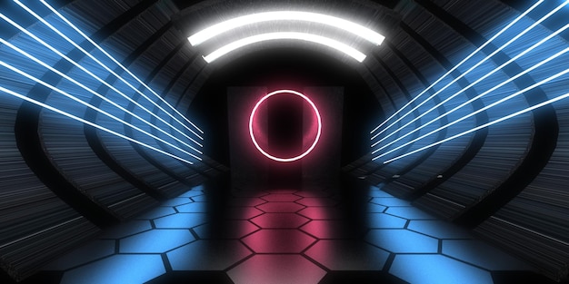 3D abstracte achtergrond met neonlichten. neon tunnel .space constructie. .3d illustratie3