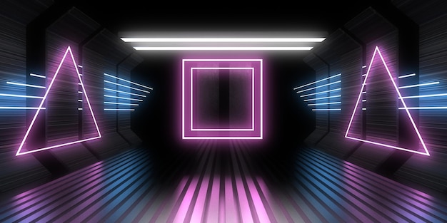 3D abstracte achtergrond met neonlichten. neon tunnel .space constructie. .3d illustratie