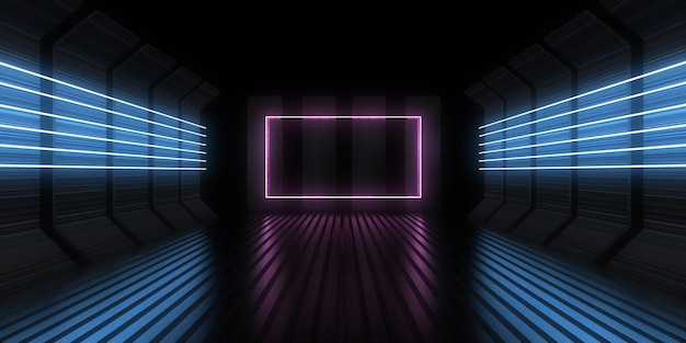 3D abstracte achtergrond met neonlichten. neon tunnel .space constructie. .3d illustratie