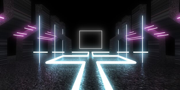 3D abstracte achtergrond met neonlichten. neon tunnel .space constructie. .3d illustratie