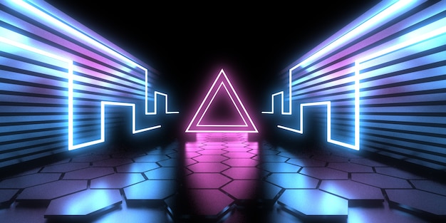 3D abstracte achtergrond met neonlichten. neon tunnel .space constructie. .3d illustratie