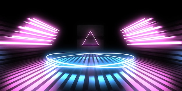 3D abstracte achtergrond met neonlichten. neon tunnel .space constructie. .3d illustratie