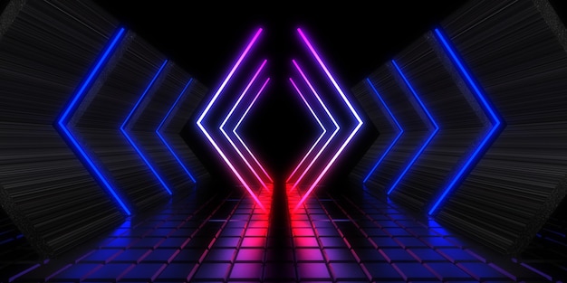 3D abstracte achtergrond met neonlichten.