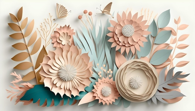 3D abstracte gesneden papieren bloemen in pastelkleuren waaronder rozen, madeliefjes, dahlia's en vlinders