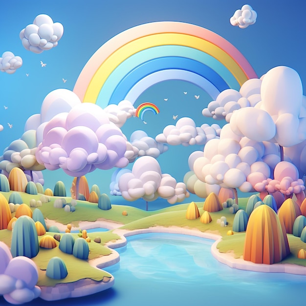 3D achtergrond met een regenboog en wolken in blauw in de stijl van sketchfab schattig en kleurrijk