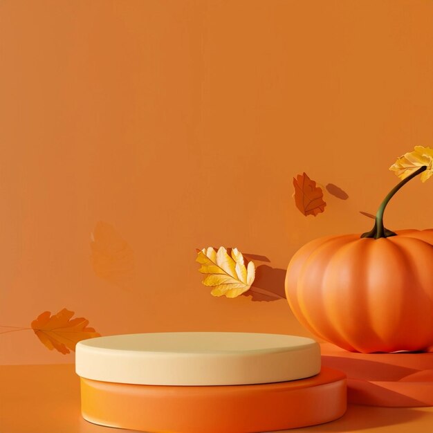 3D-achtergrond Oranje Podium-display met pompoen en herfstblad Promotie van cosmetische schoonheidsproducten