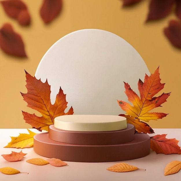 3D-achtergrond Oranje Podium-display met pompoen en herfstblad Promotie van cosmetische schoonheidsproducten