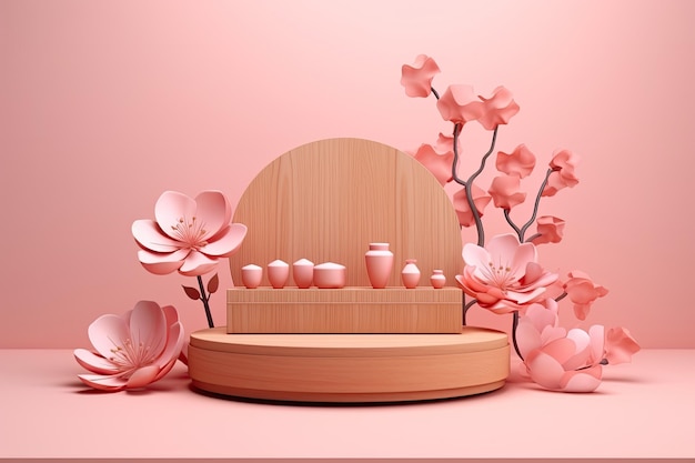 3d achtergrond roze kleur producten display podium scène met groen blad geometrisch platform