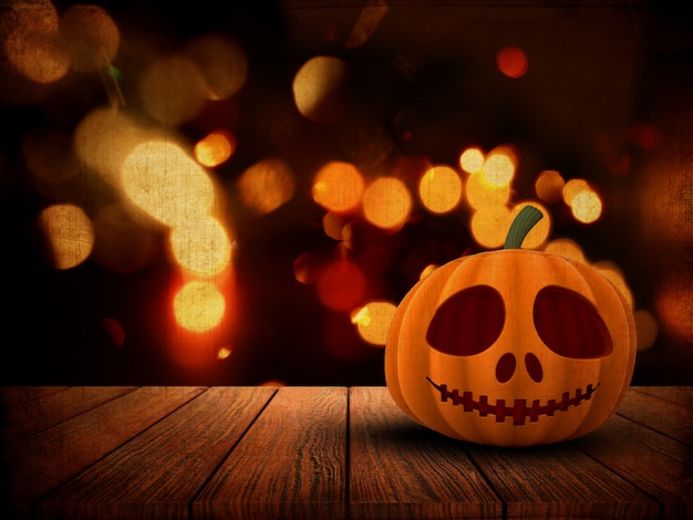 3D achtergrond van Halloween met pompoen op houten lijst tegen een achtergrond van grunge bokeh lichten