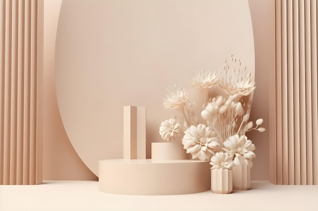 3D achtergrond voetstuk podium met bloemen Pastel display showcase ingesteld voor schoonheid cosmetische product presentatiesjabloon Abstract art deco geometrische minimale 3D render mockup AI gegenereerd