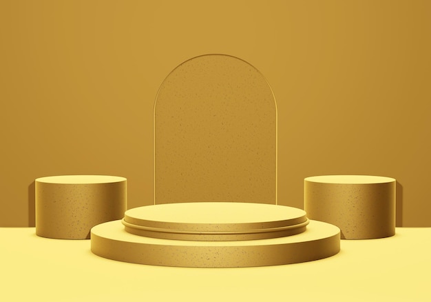 3D-achtergrondweergave van gouden drie podiumstandaard voor productmodel