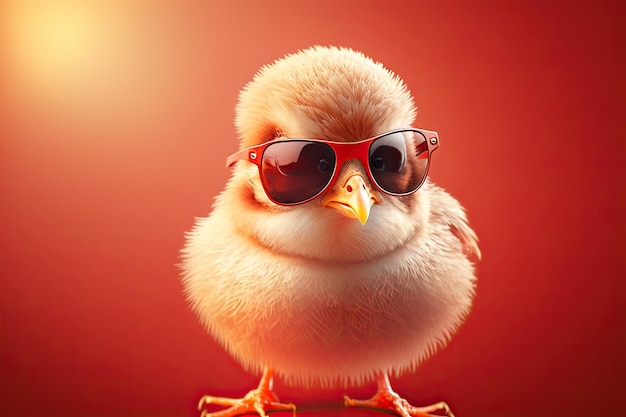 3D adorable chick in sunglasses in red studio