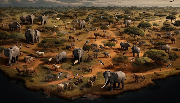 3D aerial view of the African animals with flock of their families