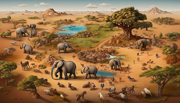 Foto vista aerea 3d degli animali africani con il gregge delle loro famiglie