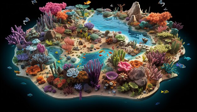 a 3D aerial view of a great barrier reef ecosystem showcasing a kaleidoscope of colorful marine lif