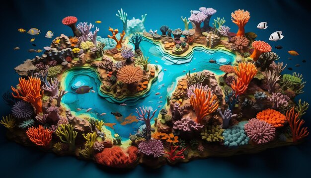 a 3D aerial view of a great barrier reef ecosystem showcasing a kaleidoscope of colorful marine lif