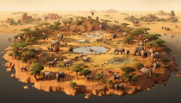 写真 アフリカの動物と家族の群れの3d空中写真